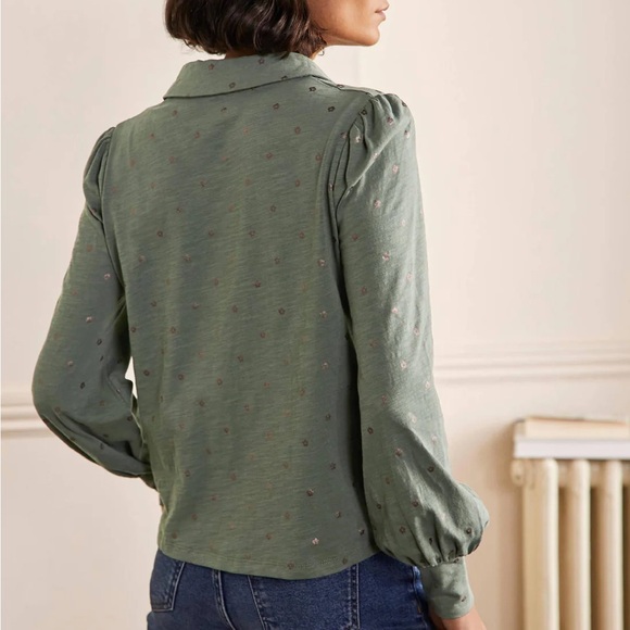 Boden Cotton Collared Notch Neck Cotton Top Alder Foil Flower Size 16/18 - Picture 3 of 9
